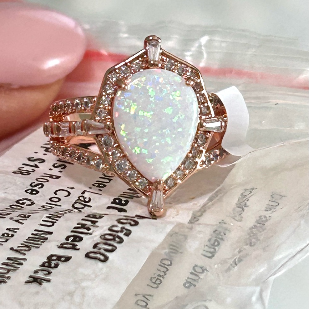 Rose Gold Pear Opal Halo Ring with Pavé Accent - Women’s Jewelry